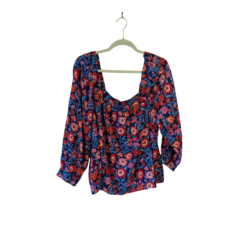 Vineyard Vines Tisbury Floral Square Neck Top Blue Red XL 2W001664-A754